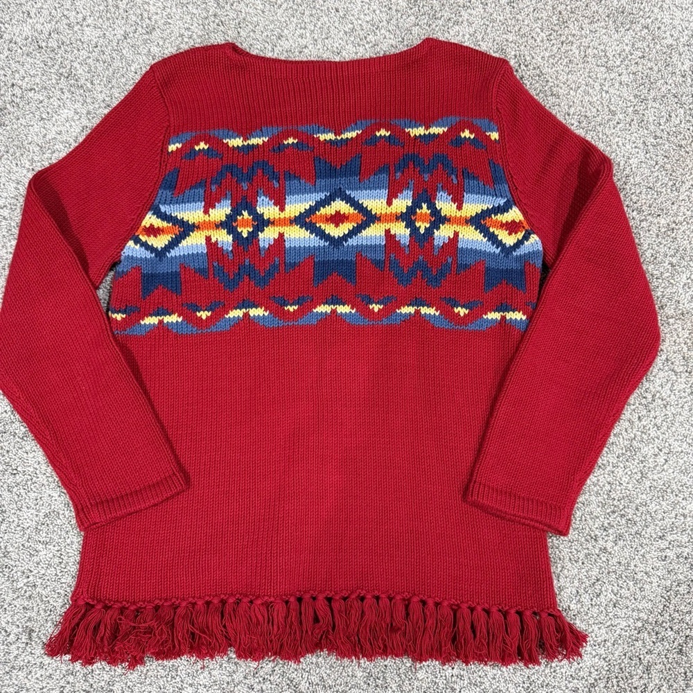 Vintage Jones New York Red Fringe Saree Pattern Cotton Blend Sweater Women’s L